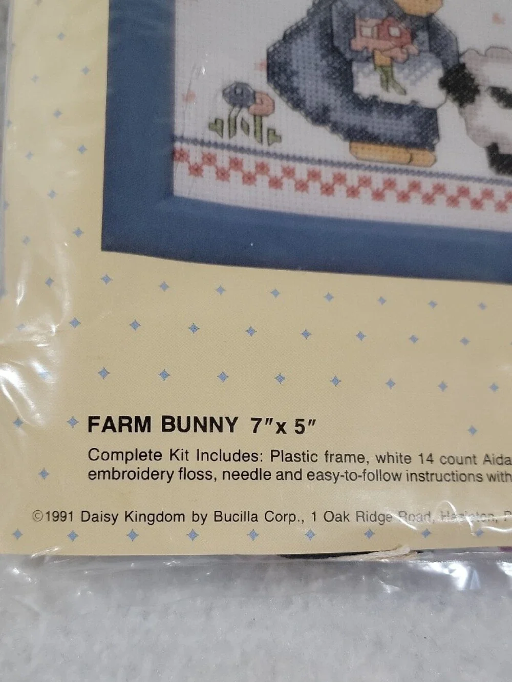 Vintage Bucilla Blue Framed Farm Bunny Cross-Stitch Kit-1991 Daisy Kingdom New